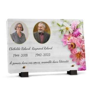 Plaque funéraire pour 2 personnes avec fleurs et texte