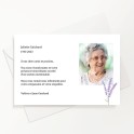 Carte de remerciements décès avec fleur violette et photo du défunt