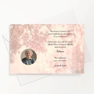 Carte de remerciements funéraire fleur de cerisier avec photo du défunt