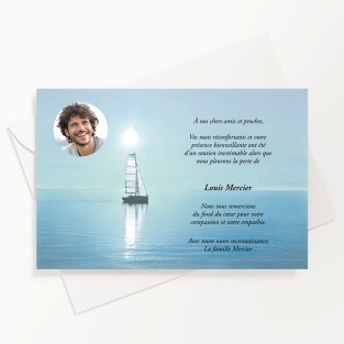 Carte de remerciements funérailles mer bateau avec photo du défunt