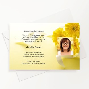 Carte de remerciements décès fleur jaune avec photo du défunt