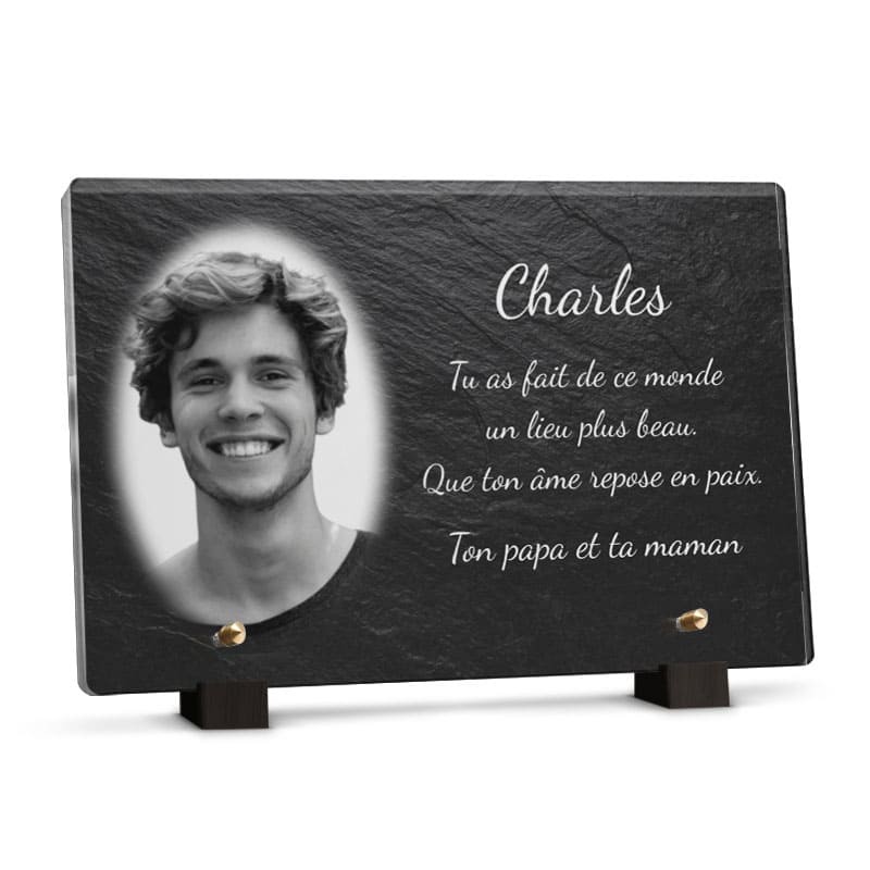 Plaque funéraire motif ardoise  - Plaque tombale deces en plexiglas personnalisée avec photo et texte