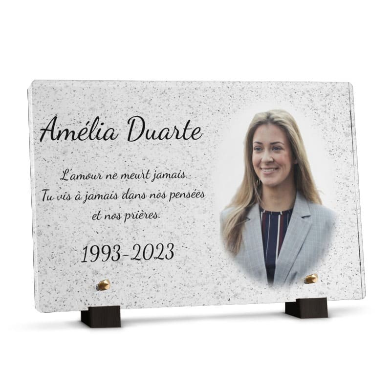 Plaque funéraire motif granit blanc  - Plaque tombale deces en plexiglas personnalisée avec photo et texte