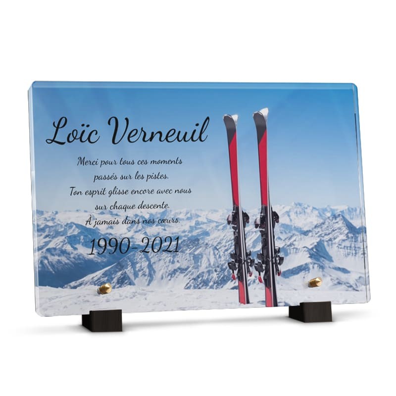 Plaque funéraire ski  - Plaque tombale deces en plexiglas personnalisée avec photo et texte