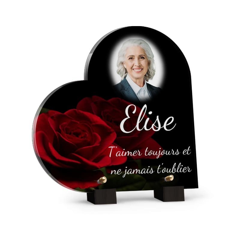 Plaque funéraire Coeur rose rouge  - Plaque tombale deces en plexiglas personnalisée avec photo et texte