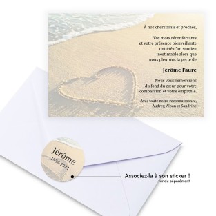 Carte de remerciements funéraire coeur plage